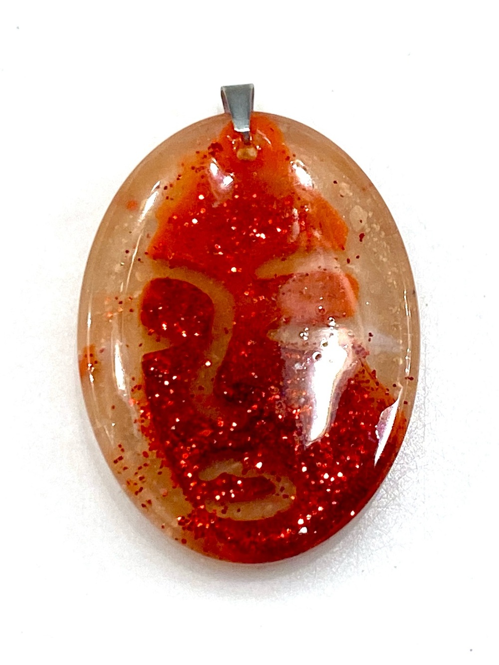 Handmade Red Glitter Resin Oval Cameo Portrait Pendant NWOT